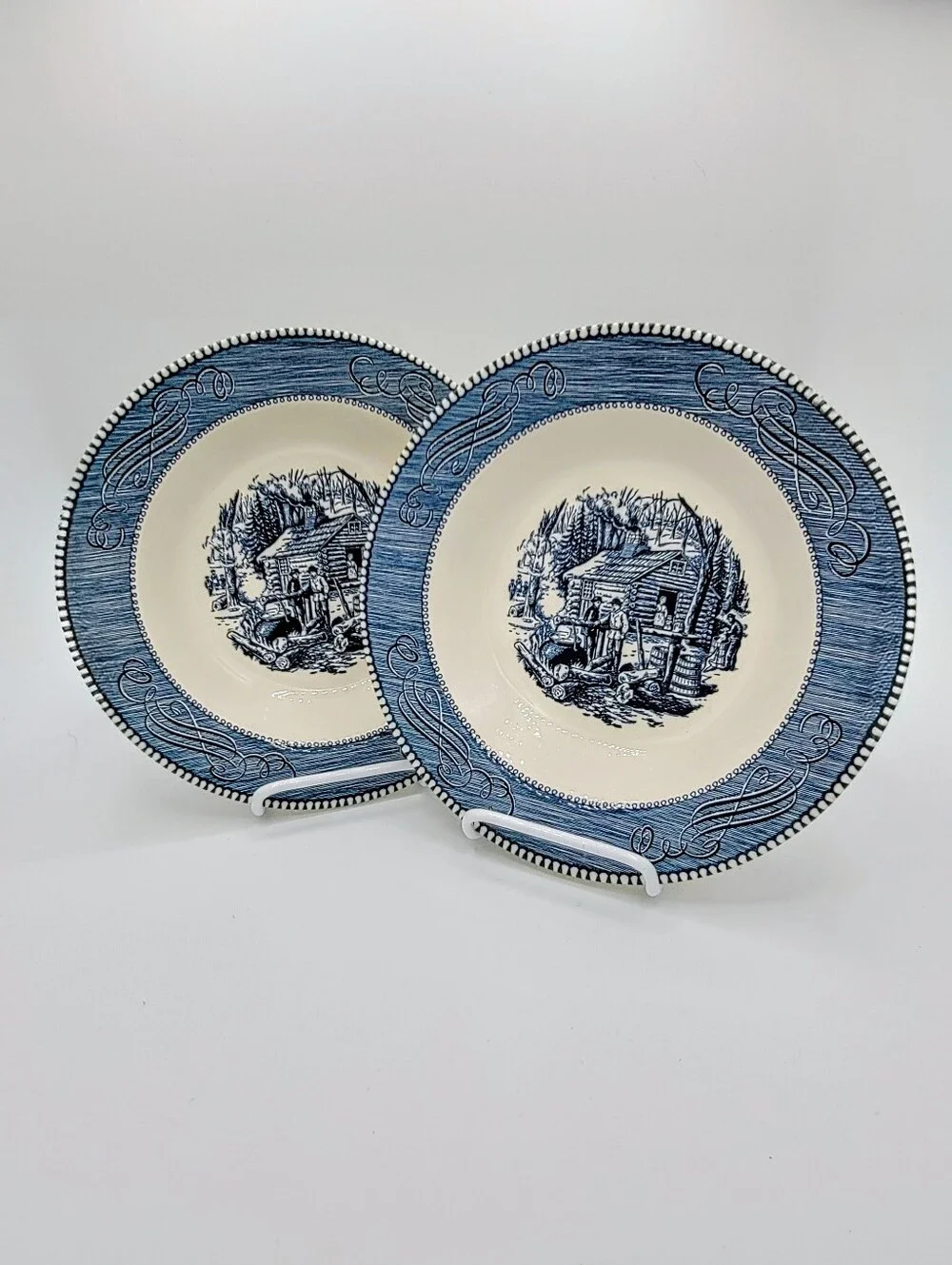 Currier Ives Maple Sugaring Blue Transferware Soup Pasta Bowls Set Of 2 Ironston